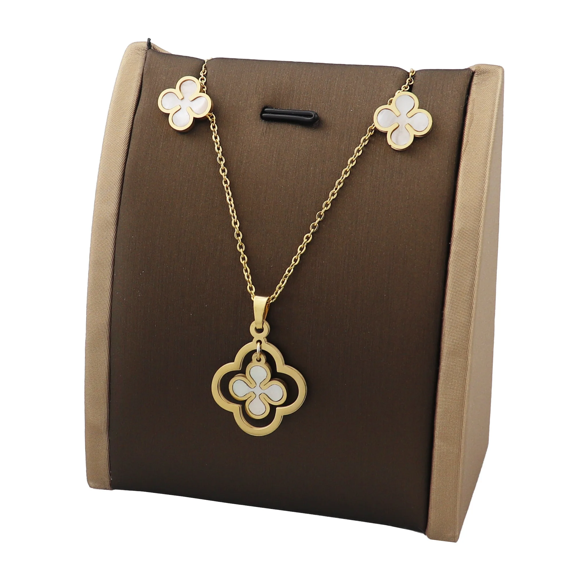 

wholesale stainless steel jewelry Big clover Pendant necklace and earring jewelry women girl set plated gold jewelry set