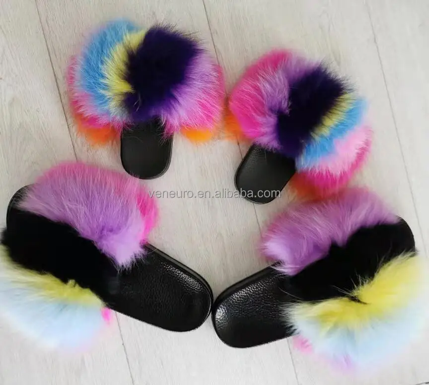 

Wholesale real fur slippers flush raccoon fur slipper outdoor slider sandals fox fur slides for women, Customized color