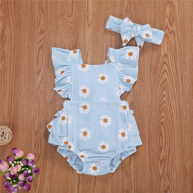 

Boutique Custom Summer Newborn Infant Toddler Clothing Baby Girls Daisy Ruffled Cotton Muslin Clothes Romper, Photo showed and customized color