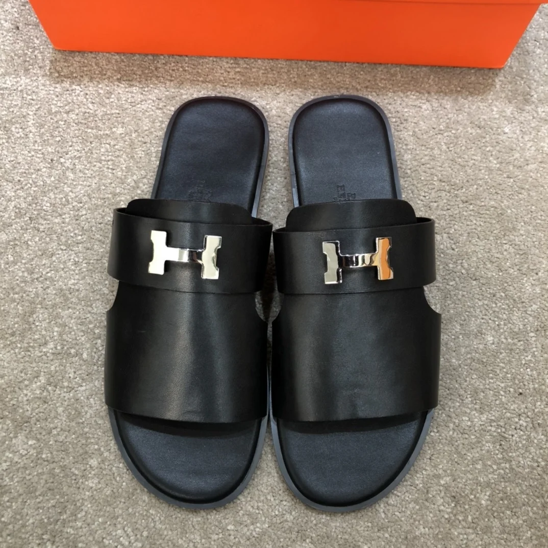 

2021 spring and summer new style cowhide metal buckle men's I-slippers lightweight European and American large size wholesale, Black and white,black,yellow,blue