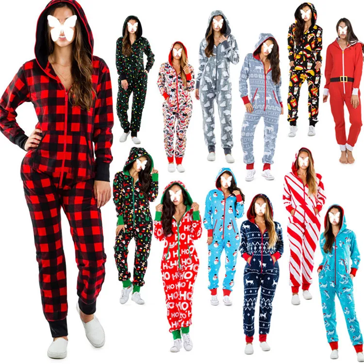 

Y-3255 New style hot sale one-piece pajamas women autumn and winter snowman print hooded home service coveralls Christmas pajama, Customized color