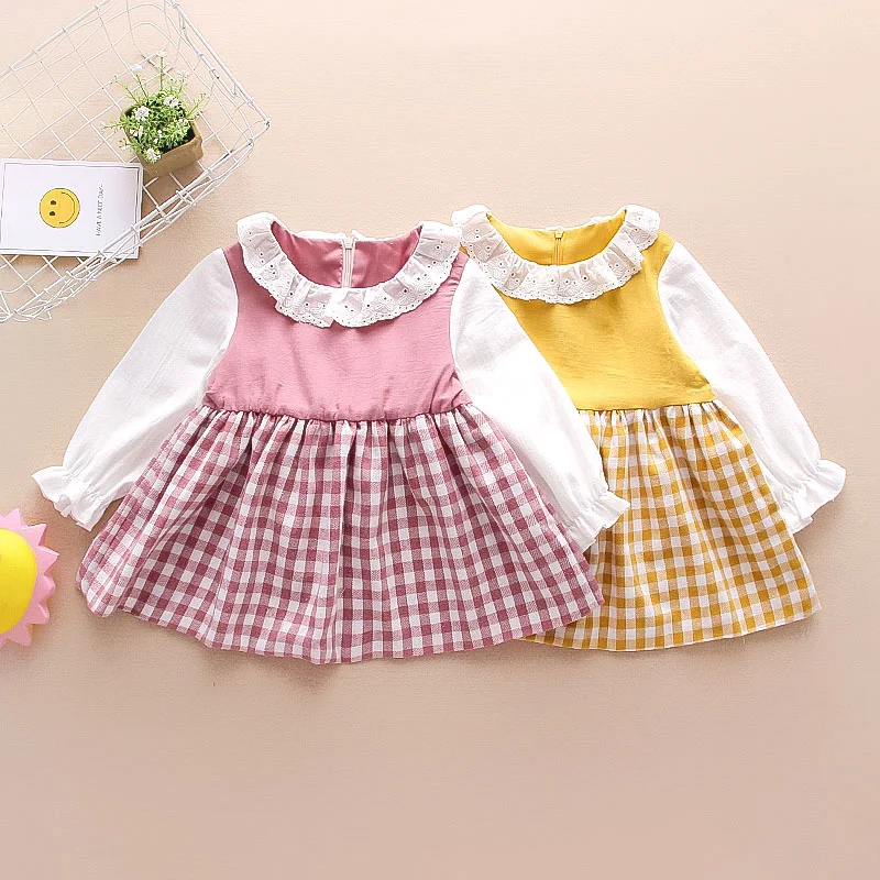 

Hot Selling Infant Baby Girls Dress Spring Long Sleeve one year birthday party Frock with cute Lace Collar 12-24 months, Pink/yellow