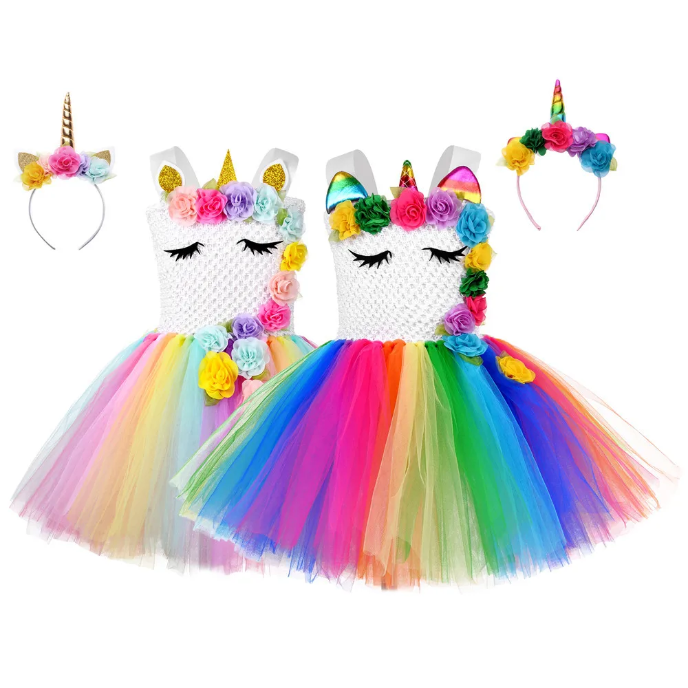 

12 Flowers Christmas Kids Clothing Rainbow Princess Unicorn Girl Party Tutu Dress