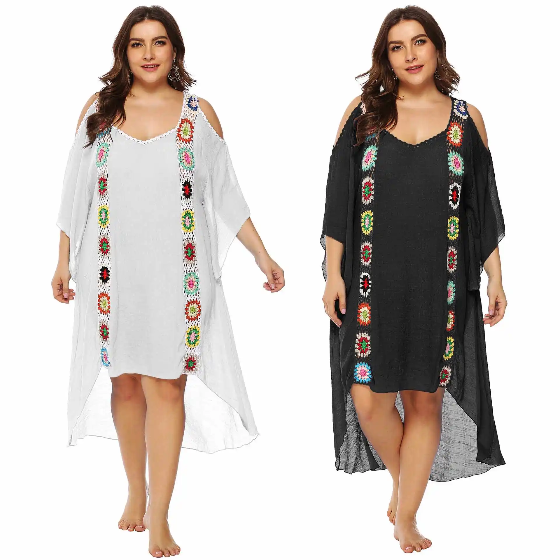 

Large Big Plus Size Women Hand Hook Stitching Irregular Off Shoulder Beach Skirt Bikini Blouse Beach Dress