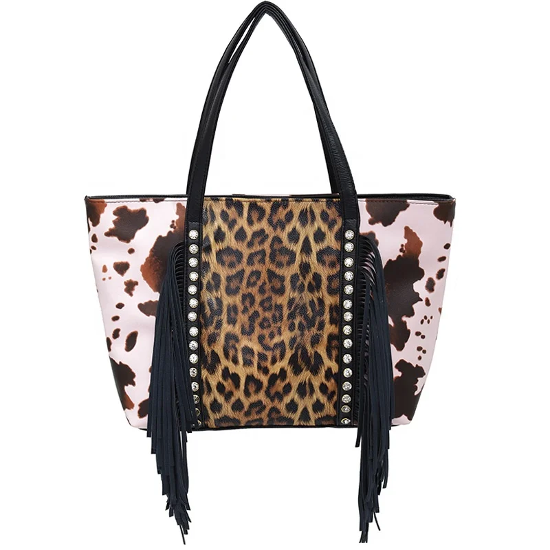 

Wholesale Fashionable Good Quality Leopard Printed Tote Bag Leather Fringe Tote Handbag Western Style Shoulder Bags, 1 colors
