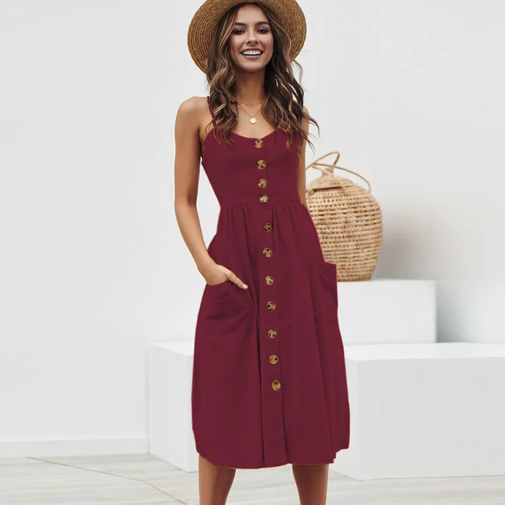 

Single Breasted Sling Dress New Summer Women Sleeveless Dress Long Cotton Dresses