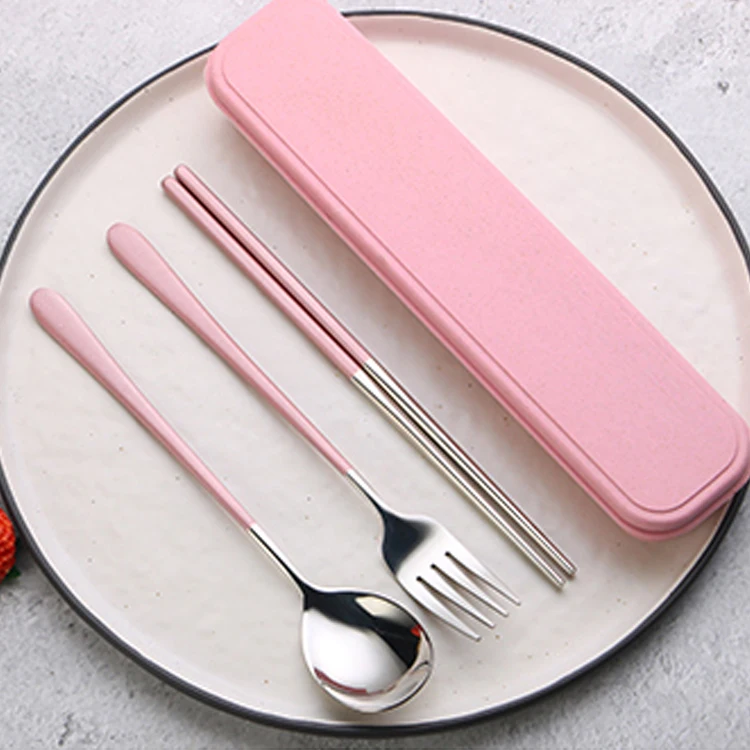 

Eco Friendly Reusable Travel Pink Handle Gold Plated Cutlery With Spoon Fork And Chopstick Set, Silver,gold,rose gold,rainbow,black,black/pink handle &gold or silver