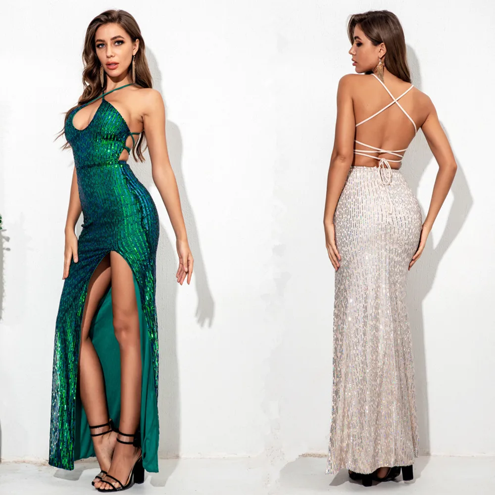 

New Arrival Embroidered Long Dress Sequin Floor Length Split Dress, As shown
