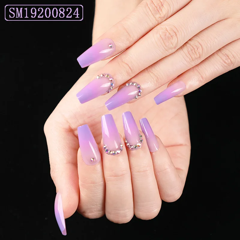 

24 pieces in a box of purple gradient trapezoidal coffin nail art colored diamonds false nails, Multi color