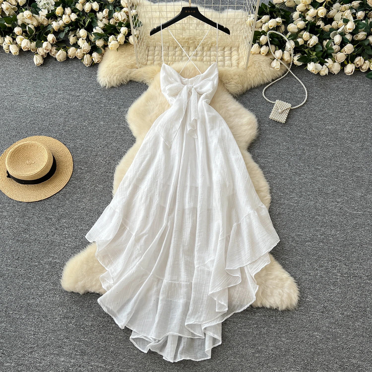 Tie Front Halter Beach Dress Asymmetric Hem