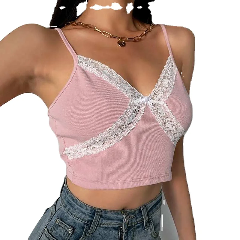 

Sweet Ribbed Girls Sexy Lace Patchwork Wholesale Women Basic Tank Tops