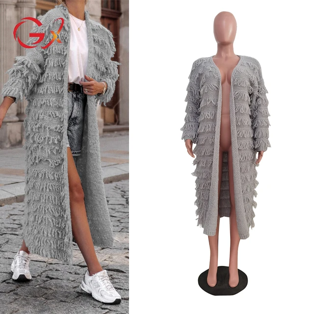 

GX1282 Wholesale 2023 winter women clothing boutique long cardigan knitted long jackets tassel full sleeve long coat