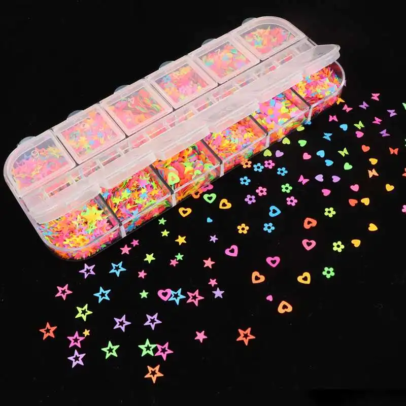 

12 girds Neon nail flakes Mix Star Butterfly heart fruit slice nail art flakes sequins nail glitter