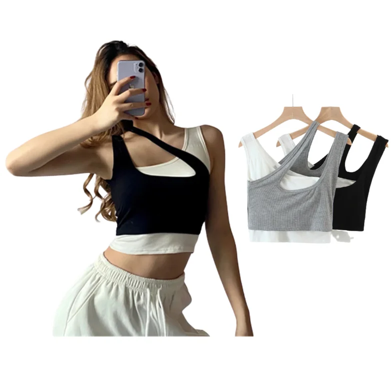 

New design women's custom Mock 2 pieces Irregular ribbed crop tank tops, Picture