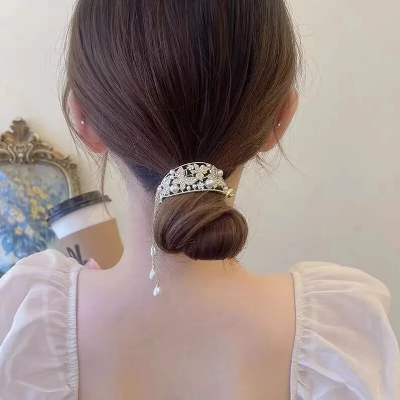 

New Arrival Crystal Hairpin Hair Accessories Butterfly Tassels Ponytail Rhinestone Hair Claw Pearl Hair Grab