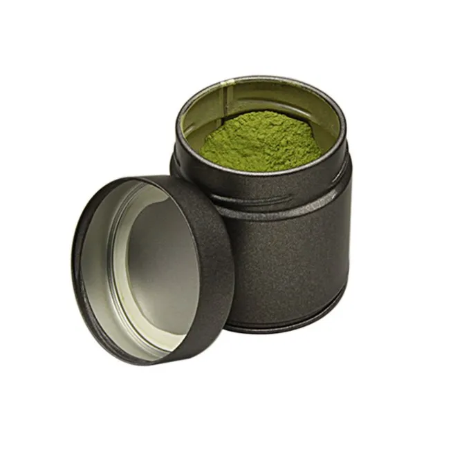 

Wholesale in stock 30g empty food grade black silver small matcha tin eco friendly matcha powder container tin can for matcha