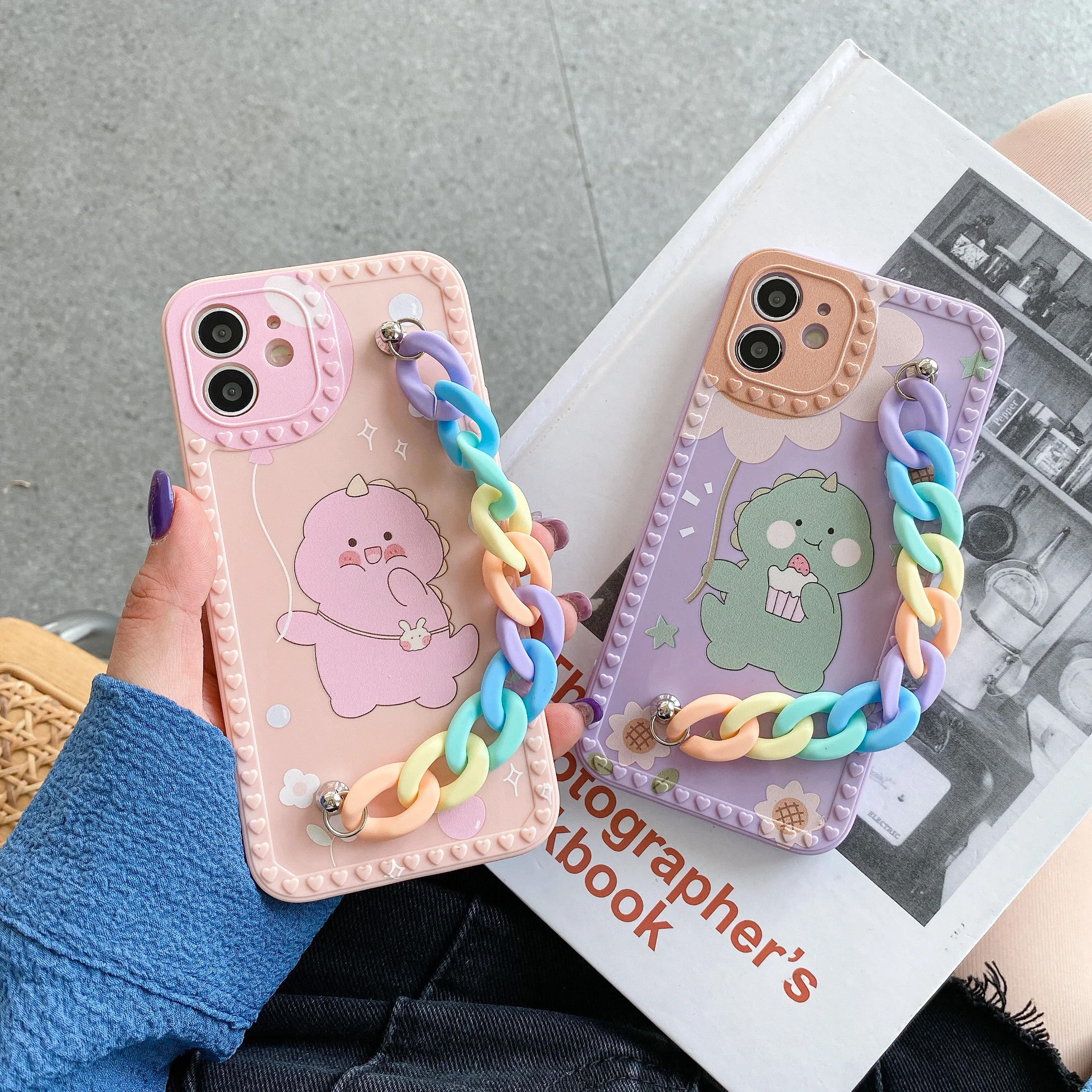 

For iPhone 12 Pro Max 11 Pro X 6 7 8 Plus Cute Cartoon Dinosaur 3D Photo Frame Soft Phone Case With Strap Bracelet