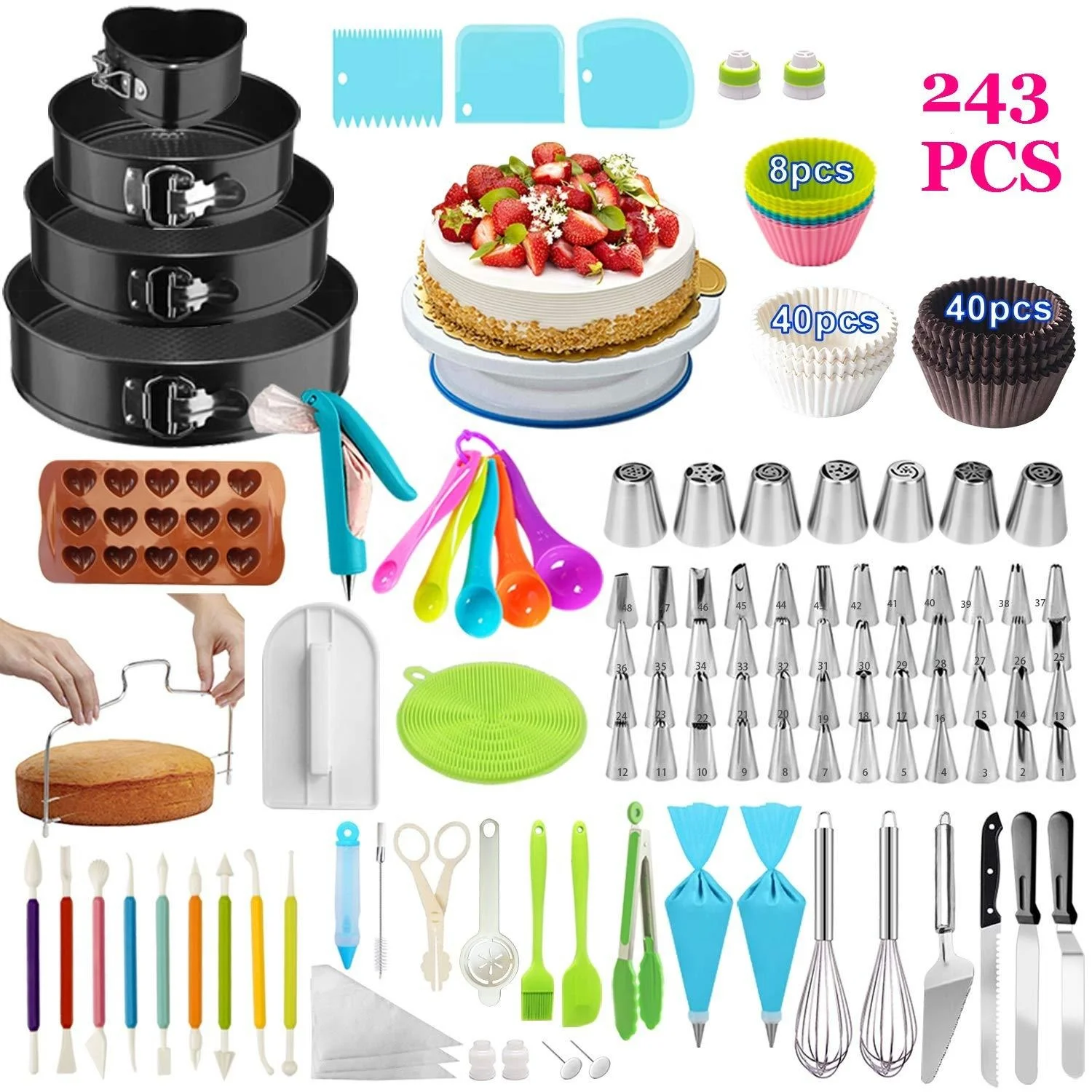 

243pcs Amazon cupcake baking fondant tools cake decorating nozzles turntable stand tip molds set items tools supplies kit