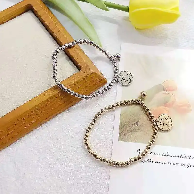 

New hot selling beaded cute touse bear stainless steel jewelry gold 18k bracelet women, Gold,silver
