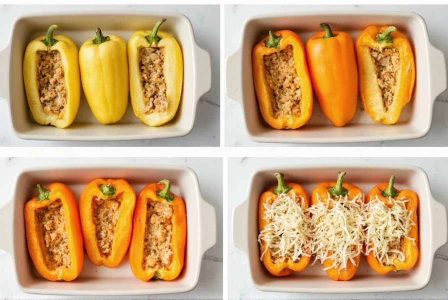 Step-by-step preparation of stuffed pepper squash showing hollowed vegetables, filling mixture, and final baked dish with melted cheese topping