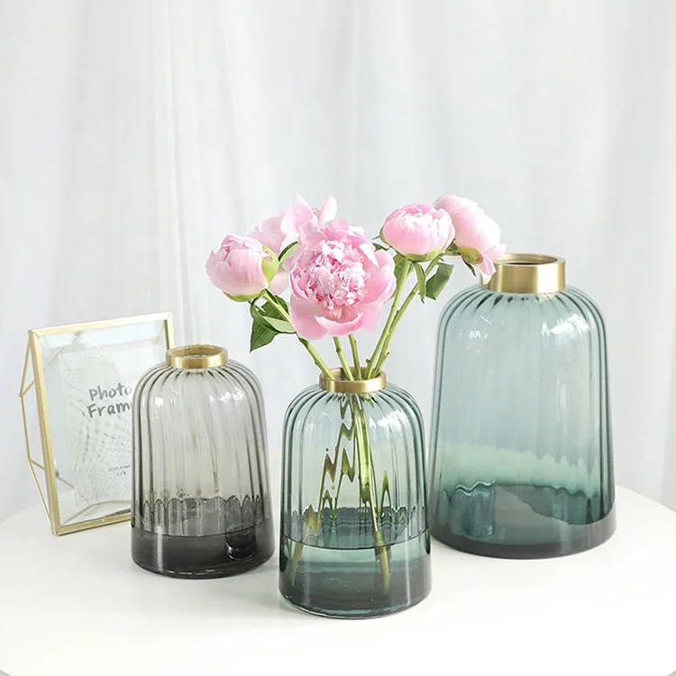 

Simple and modern vertical stripes metal circle transparent glass vase, Gray/green