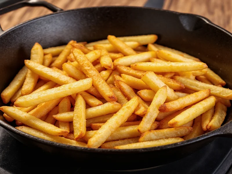 Crispy golden french fries in cast iron skillet
