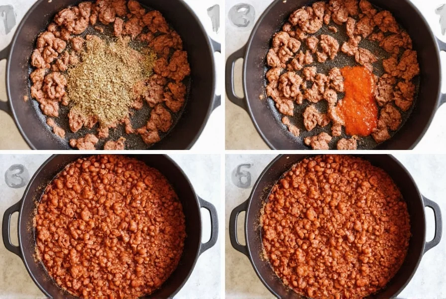 Step-by-step preparation of darn good chili showing meat browning in cast iron pot with fresh spices