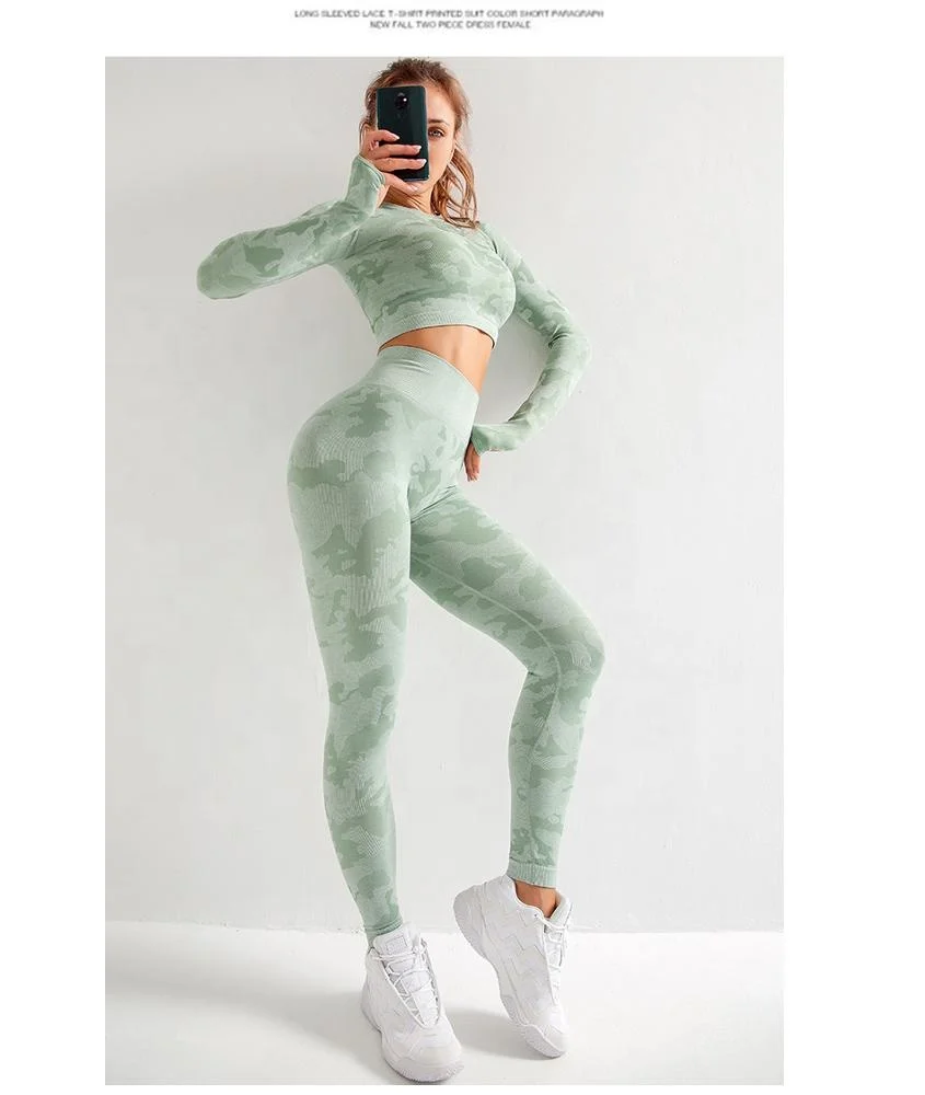 

Woman seamless fitness & yoga wear set shark long sleeve camo sports crop top and gym leggings