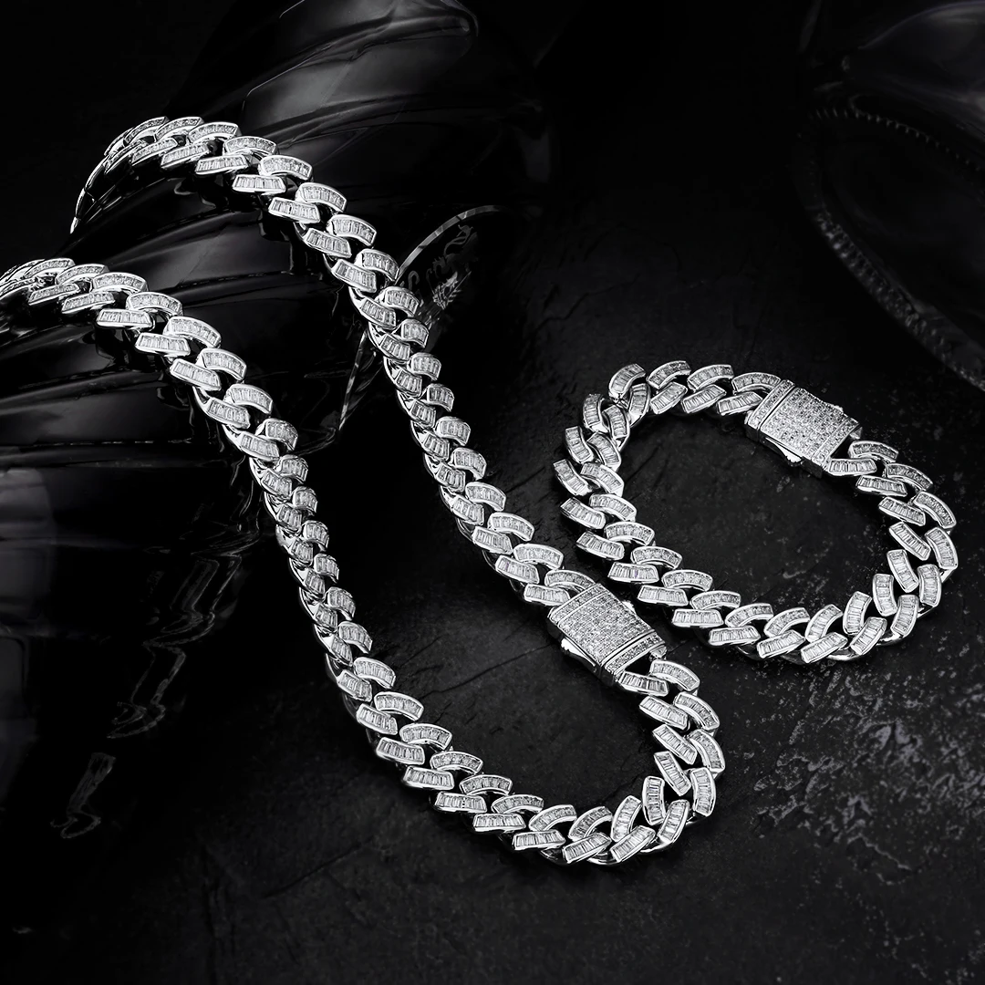 
KRKC&CO Hip Hop Jewelry 12MM White Gold Plated Iced Out Cuban Link CZ Prong Cuban Link Chain Necklace Diamond Cuban Chain 