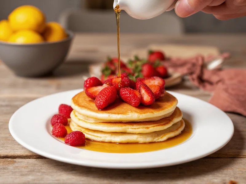 Simple syrup being poured over pancakes and fruit