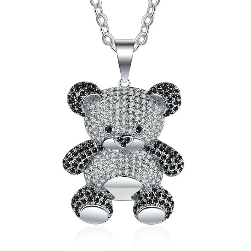 

Hip-hop cartoon teddy bear pendant ice out zircon necklace christmas gift bear animal necklace men and women jewelry, Silver color