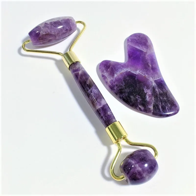 

Wholesale amethyst multi color real crystal face roller and guasha set massage kit boxed, Purple roller gua sha set