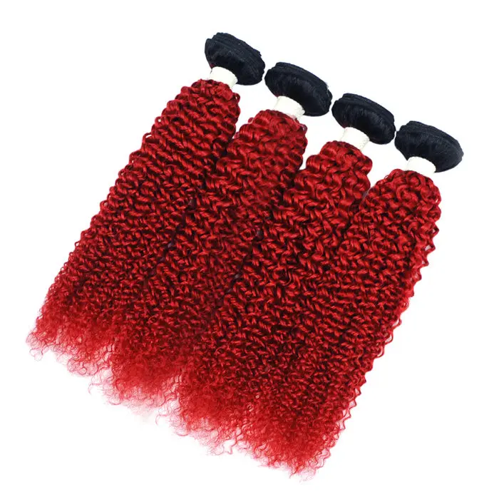 

Best quality brazilian virgin hair 1b red kinky curly ombre color human hair extension weaving, Ombre 1b red color