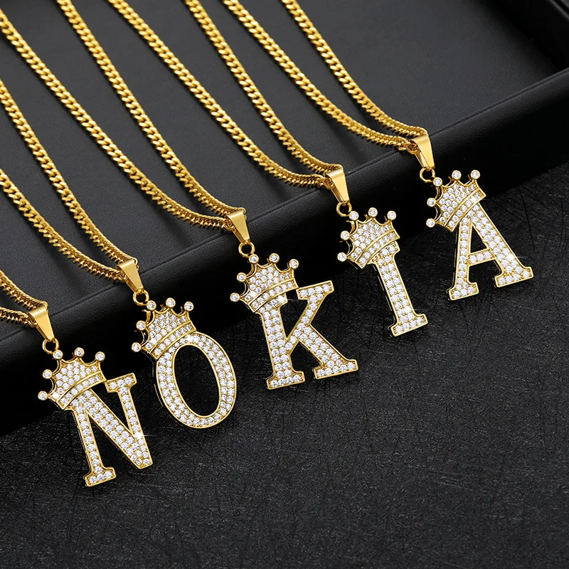 

New Arrival Initial Necklace Alphabet Letter Long Gold Plated Jewelry Crown Crystal Necklace Necklaces Trendy Stainless Steel