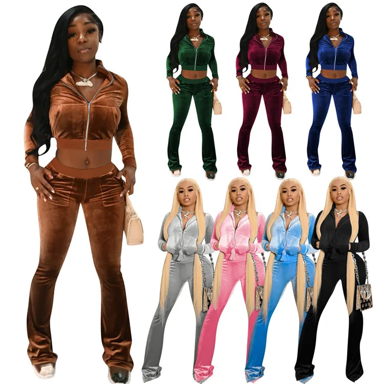 

2021 Stylish Ladies Outfits Long Sleeve Velour Zipper Clothing Fall Women 2 Piece Set, Picture shown