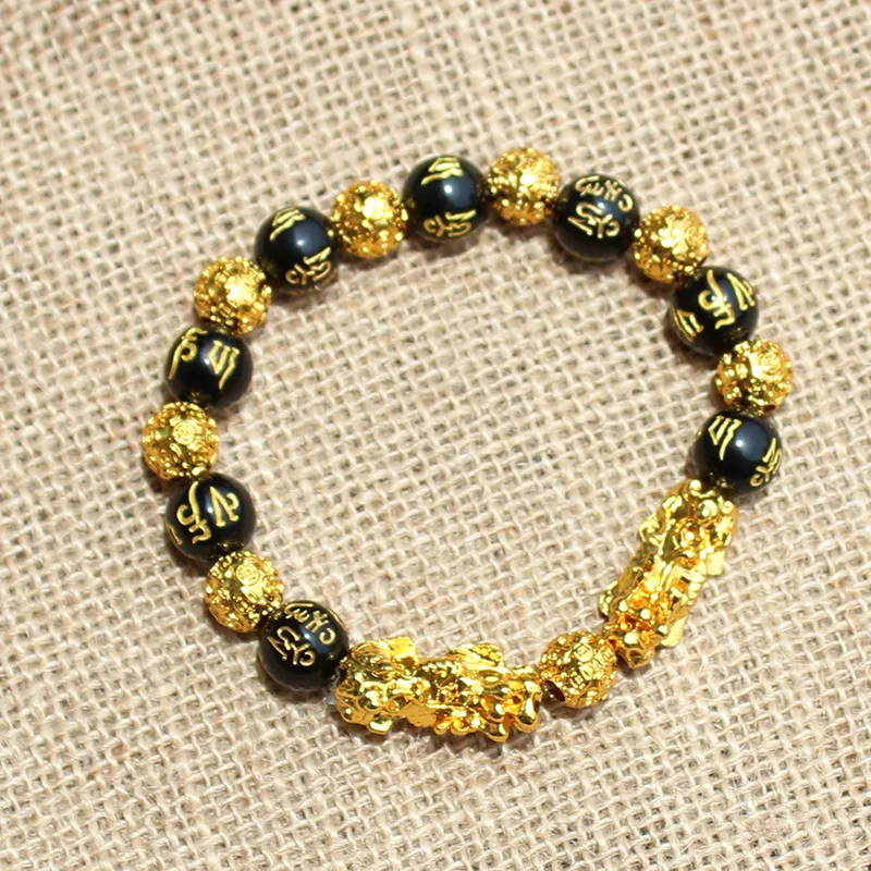 

Wristband Gold Black Pixiu Wealth Good Luck Women Bracelet Men Women Unisex Feng Shui Obsidian Stone Beads Bracelet, Gold, silver