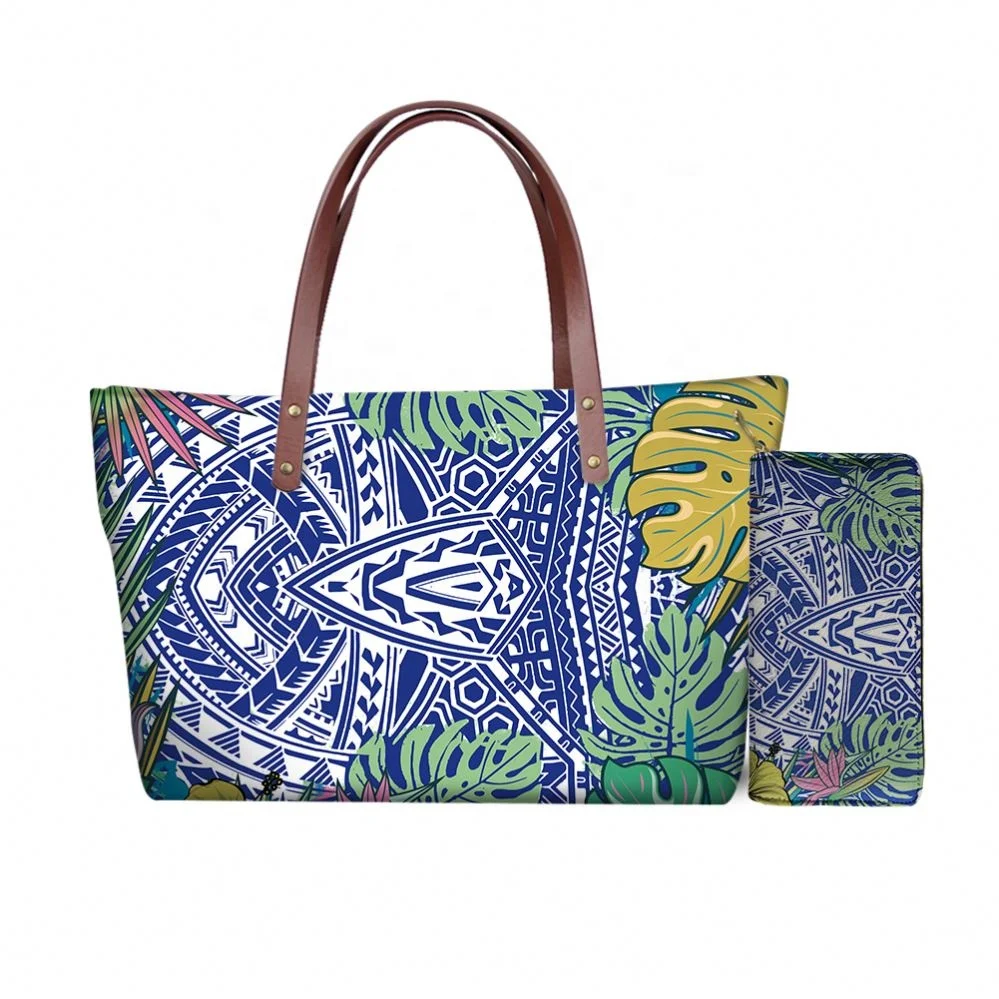 

2PCS/Set Samoan Style Ladies Tote Bag With Wallet Polynesian Tribal Pattern Print Customized Wholesale Women Handbags And Purses, Customizable