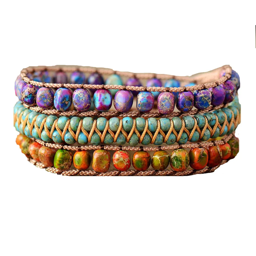 

New Bohemian Ethnic imperial Jasper Beaded Bracelet Handmade Multilayer Leather Wrap Stone Bracelet