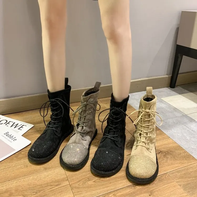 

New casual lace-up Goth combat ankle boots women's shoes army black sock platform studded with diamonds leather boots women's fa