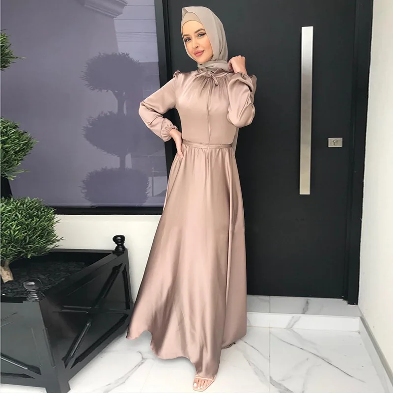 

Dubai Elegant Women Maxi Dress Silk Satin Solid Long Sleeves Simple Women Dress flare puff sleeve satin abaya, Customized color