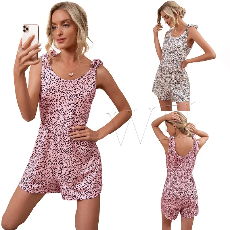 

2021 fashion new leopard print loose women's lady wear casual home wear strapping vest one-piece shorts Jumpsuit