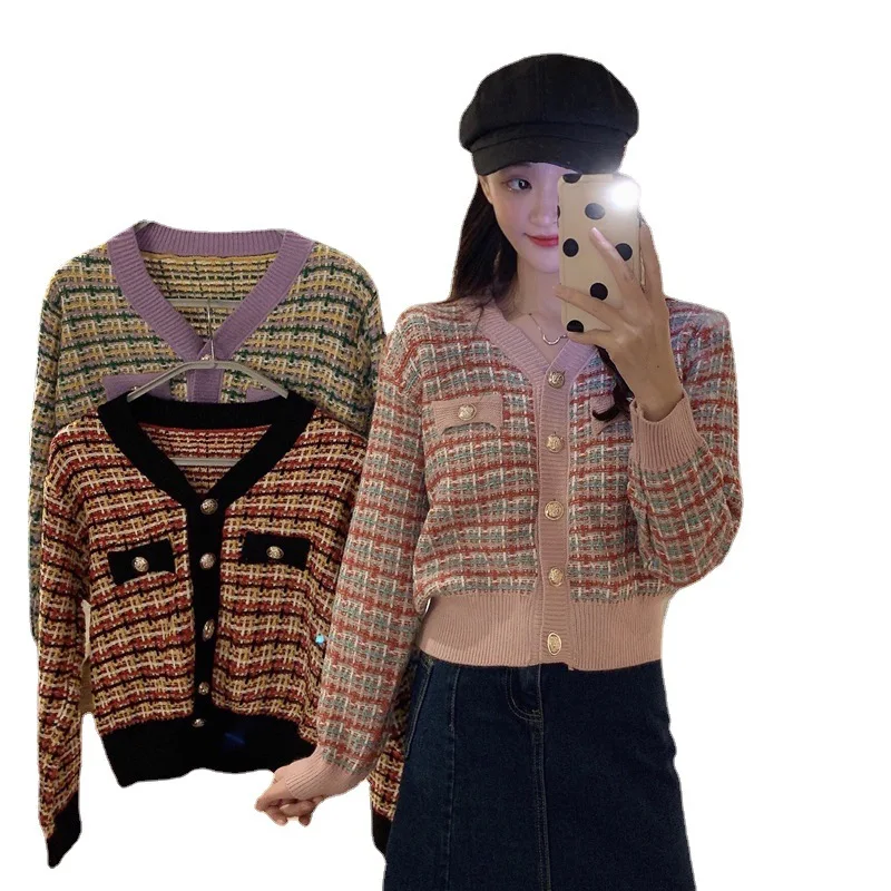 

New Retro Plaid V-neck single breasted loose knit cardigan casual long sleeve women's crop tops sweater