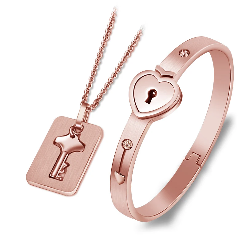 

Free Shipping Stainless Steel Jewelry Sets Heart Love Lock Bracelet Key Necklace For Couples Set Women Zircon Wedding Gift, Rose gold/silver/black/gold