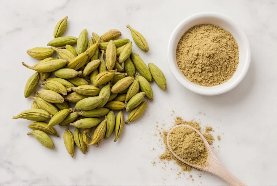 Jar of Ground Cardamom Beside Whole Pods