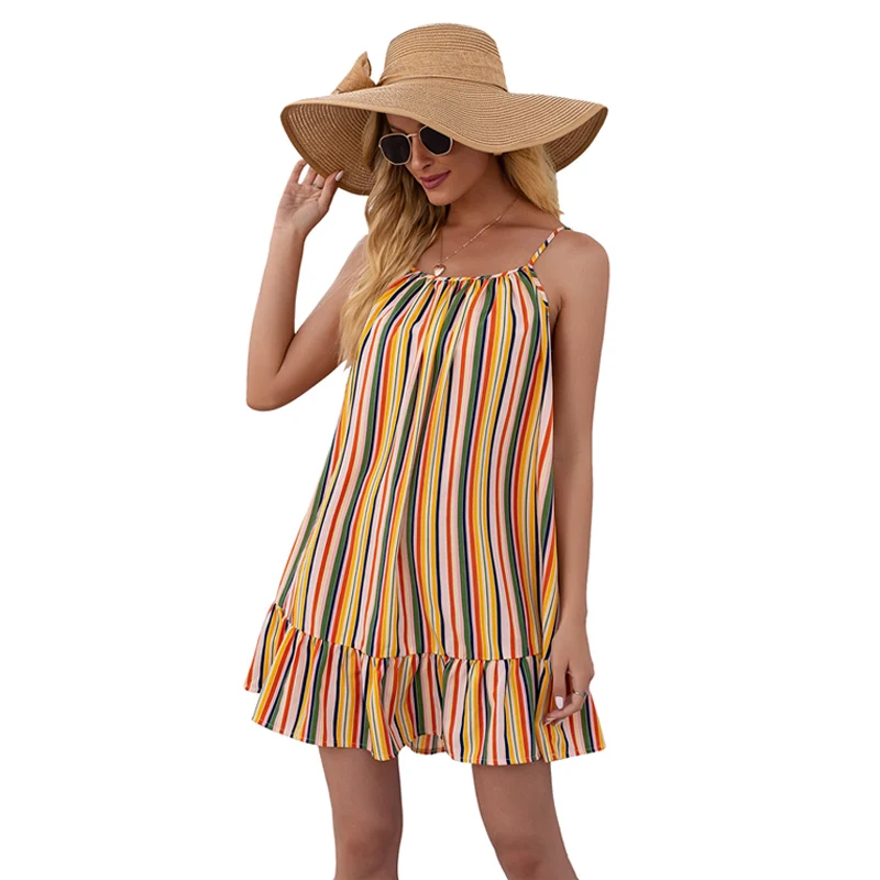 

2021 wholesale women's beachwear cover-up dress slip spaghetti striped strap dress