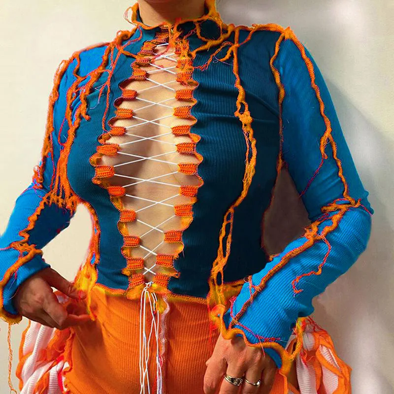 

Women 2021 new design lace up t shirt bandage t shirt long sleeve contrast color woman sexy top