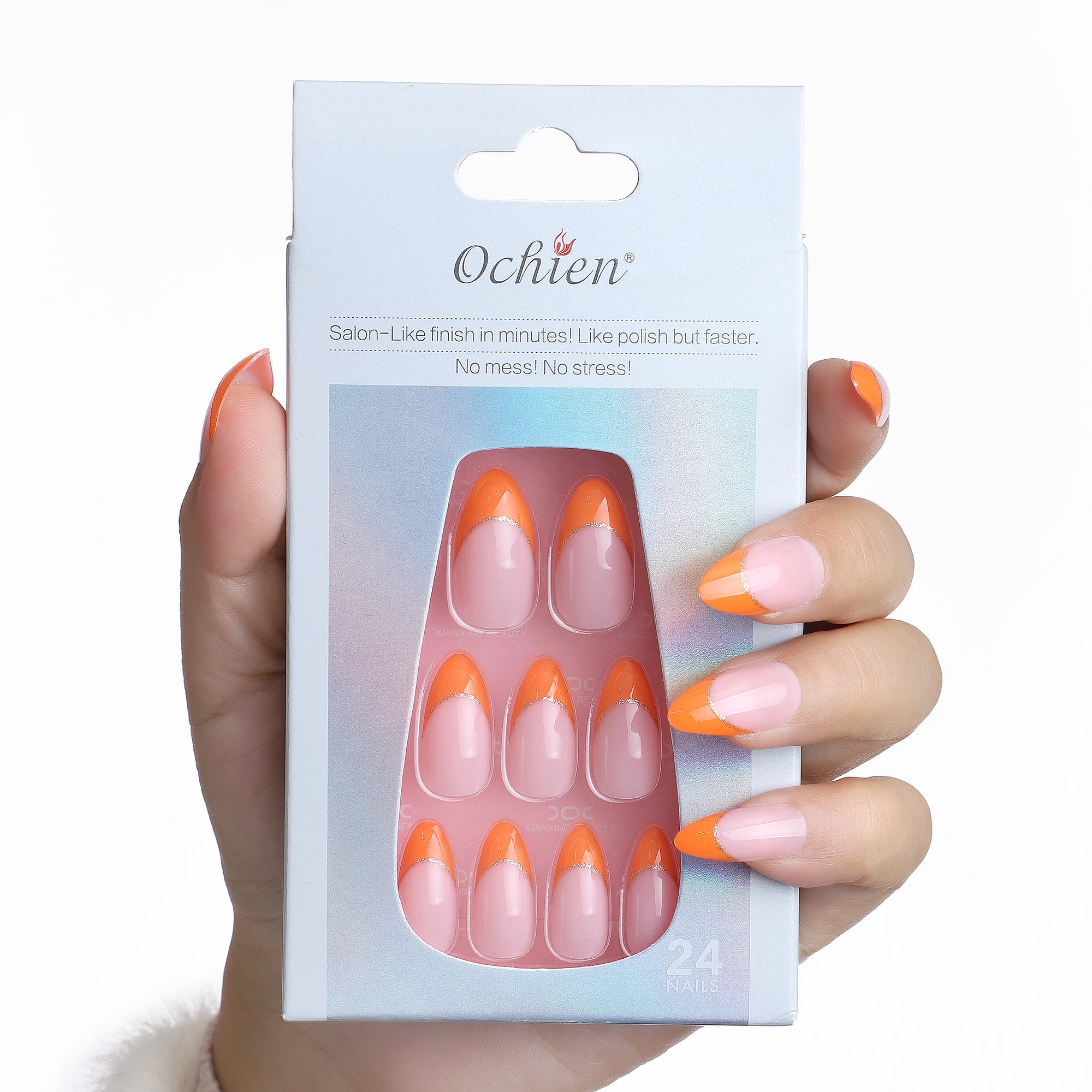 

Beauty Long Lasting Orange French Nails Tips Almond Women Faux Ongles Waterproof Reusable Artificial Fingernails