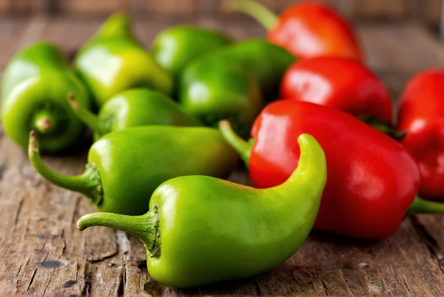 Close-up photograph of corno di toro peppers showing their distinctive curved shape, vibrant green to red color spectrum, and thick walls on a rustic wooden table