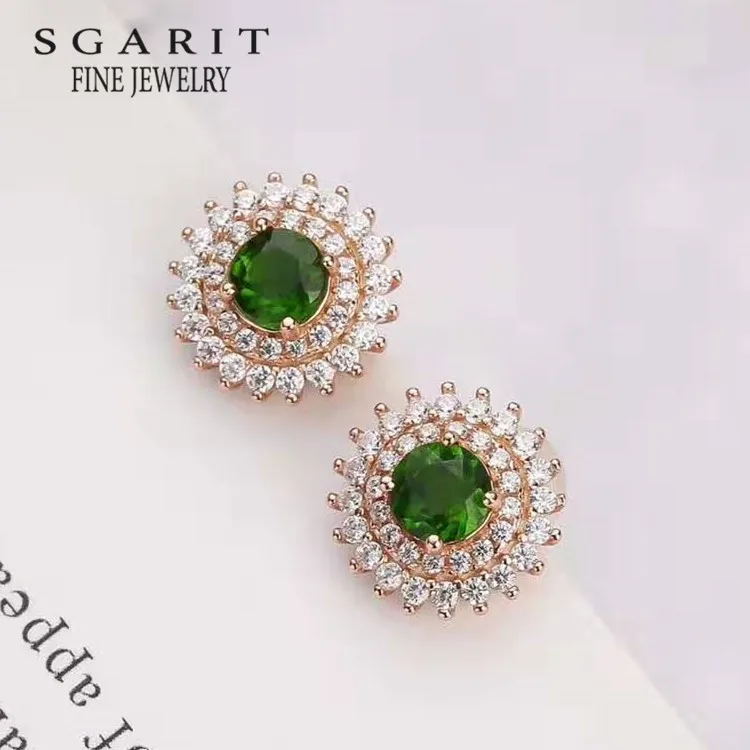 

SGARIT fashion beautiful gemstone earring jewelry 925 sterling silver 18k gold plated 5mm natural green diopside stud earring