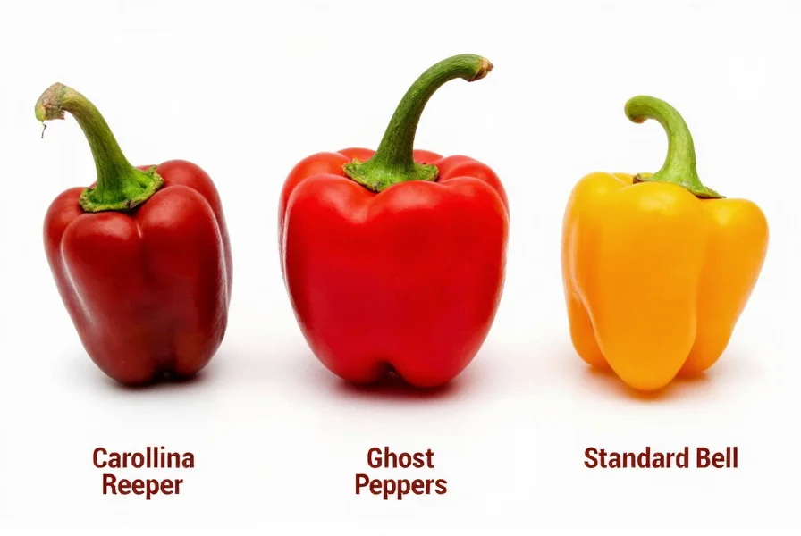 Side-by-side comparison of Carolina Reaper, Ghost Pepper, and standard bell pepper showing size and shape differences